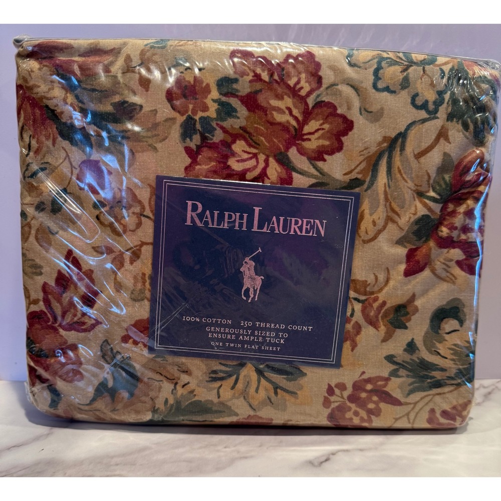 Ralph Lauren Highgate Twin Flat Sheet Neutral Floral 250 TC Cotton Vintage USA
